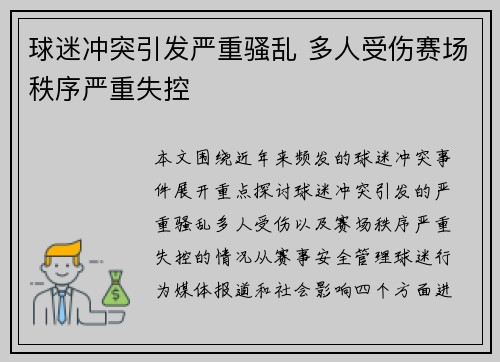 球迷冲突引发严重骚乱 多人受伤赛场秩序严重失控 球迷冲突引发严重骚乱 多人受伤赛场秩序严重失控